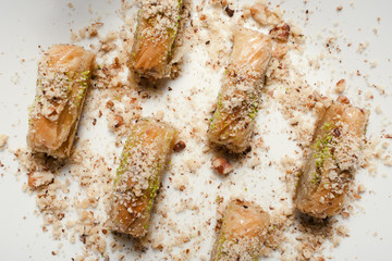 Baklava traditional oriental dessert. Sweet turkish food background concept