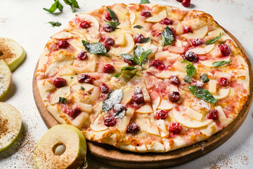 food photography art. apple pie recipe. creative restaurant fruit pizza menu concept