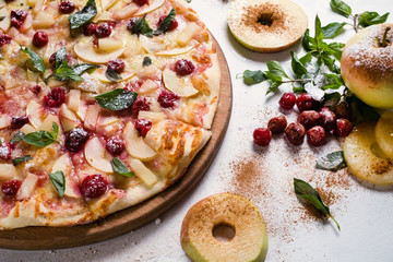 food photography art. apple pie recipe. creative restaurant fruit pizza menu concept