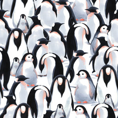 Watercolor seamless pattern witn penguin's flock  on the snow