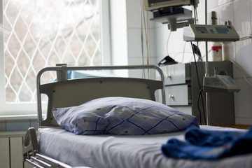 bed and equipment in the hospital , the intensive care unit. concept of pandemic, coronavirus, virus, disinfection, panic.