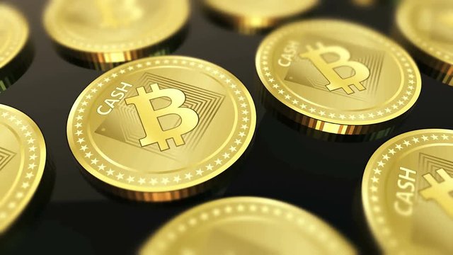 Cryptocurrency Bitcoin Cash symbol in blurred close up animation. Virtual finance and banking as concept. 4K UHD video loop.
