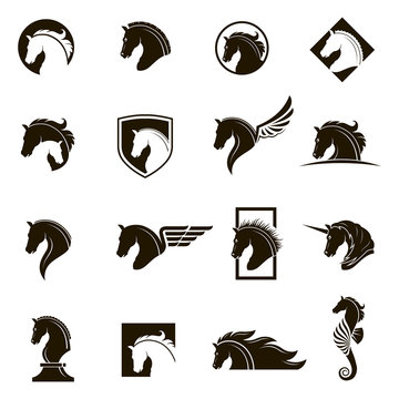 Fototapeta monochrome collection of horse head icons with different manes