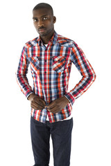 Fototapeta premium African male unbuttoning his checkered shirt