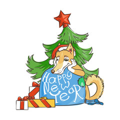 Yellow dog for New Year 2018, cute symbol of horoscope. Cute puppy in cartoon doodle style.