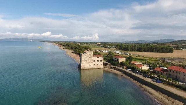 Aerial view of Torre Mozza and pinewood, Tuscany.