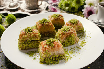 Baklava traditional oriental dessert. Sweet turkish food background concept