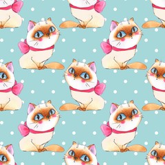 Watercolor cartoon cats, seamless pattern