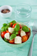 caprese salad on turquoise background