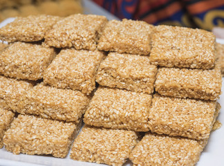 Selction of sweet oriental pastries at a restaurant buffet