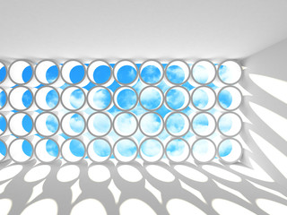 Empty white room interior with window to sky