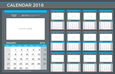 2018 Planner - illustration Vector template of 2018 calendar, planner, gray and light blue