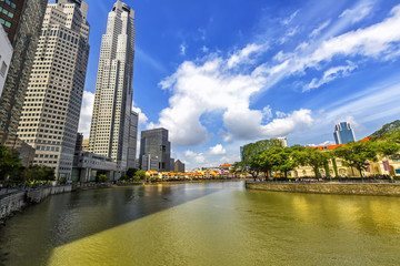 Singapore city skyline and Ancient village on the riverwalk of Singapore river