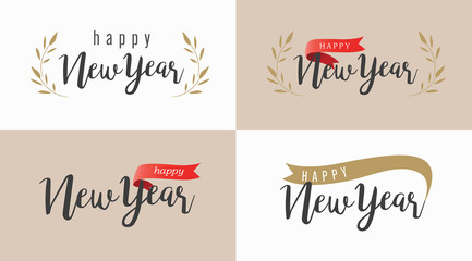 Happy new year text logo or banner. classic Font vintage style with red ribbon, wreath and olive golden color and black. Vector illustration