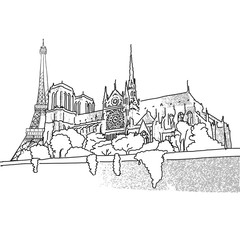 Notre Dame and Eiffel Tower travel scene