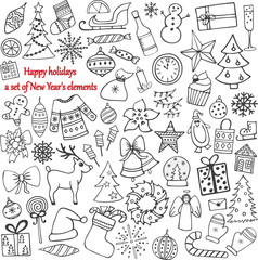 Set of 58 elements of design. The lovely hand-drawn New Year's illustrations.