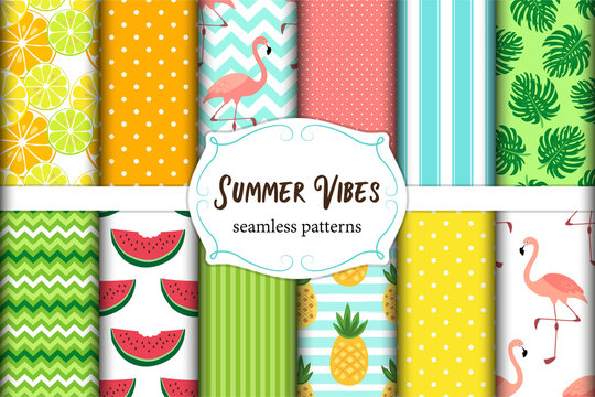 Cute set of Summer Vibes seamless patterns. Vector illustration.