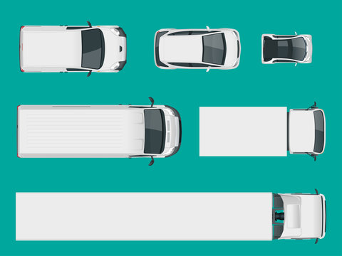 Set Of Cargo Trucks. View From Above. Delivery Vehicles Isolated. Cargo Truck And Van. Vector Illustration.