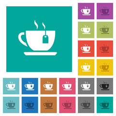 Cup of tea with teabag square flat multi colored icons