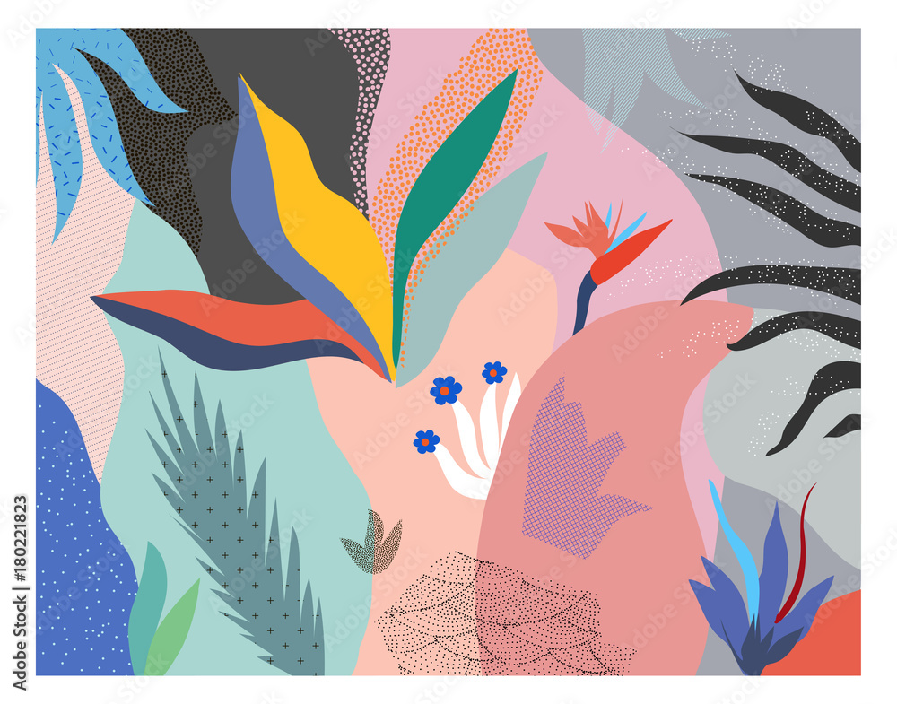 Wall mural creative universal floral header in tropical style. modern graphic design. hand drawn textures. idea