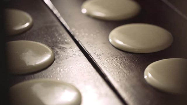 Cookies on the conveyor. Production of round cookies