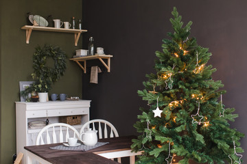 Interior of a modern small kitchen before Christmas xmas time and wooden desk