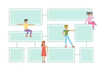 Flowchart latout with human characters on white background. Connected info-boxes for presentation. Infographics flat vector design template.