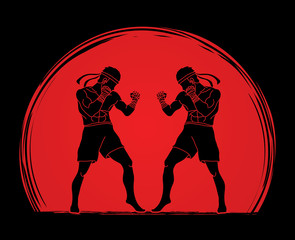 Fototapeta na wymiar Muay Thai, Thai boxing standing ready to fight action designed on sunlight background graphic vector 
