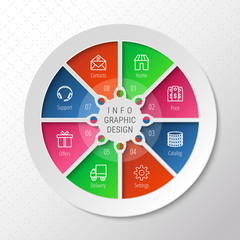 Pie chart with 8 option buttons. Flowchart with contour icons for presentation, advertising, process steps, website