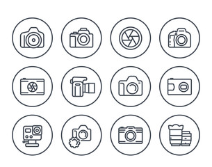 camera, photography line icons set on white, dslr, aperture, compact and action camera, lenses