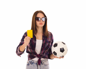 Young cute girl with soccer ball, isolated  