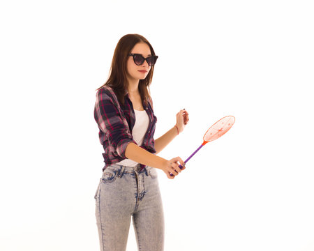 Young cute woman with fly swatter, isolated  