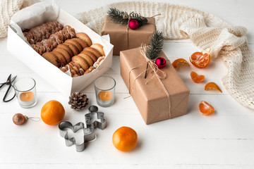 Homemade bakery making, gingerbread cookies in form of Christmas tree close-up.