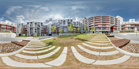 Full 360 degree panorama in equirectangular spherical projection in stylish apartment complex...
