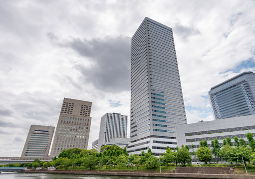 Osaka skyline from Neya river, Japan