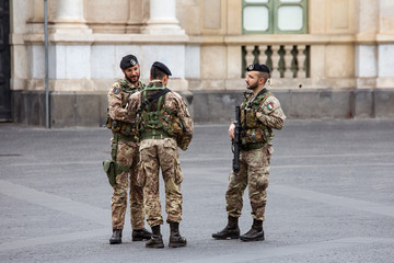 Italy, Sicily, Catania, 11.22.2016: soldiers on the streets of the city, anti terrorist threat alert.