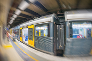 SYDNEY - OCTOBER 2015: Sydney subway train arrives at station. Sydney Trains is the suburban...