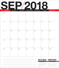 September 2018 planner calendar vector illustration