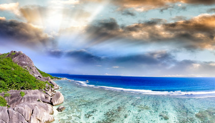 Panoramic aerial view of beautiful tropical Island at sunset