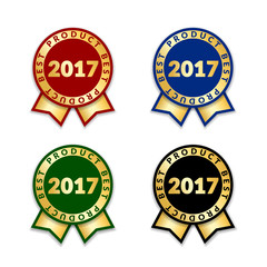 Ribbon awards best seller of year 2017 set. Gold ribbon award icons isolated white background. Best product golden label for prize, badge, medal, guarantee quality product Vector illustration