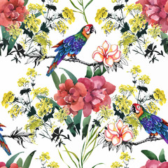 Fototapeta premium Watercolor hand drawn seamless pattern with beautiful flowers and colorful birds on white background.