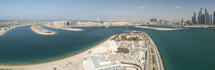 Dubai Marina aerial panoramic view at sunset, UAE