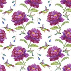 Watercolor hand drawn seamless pattern with beautiful flowers and colorful birds on white background.