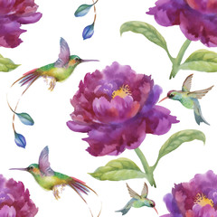 Fototapeta na wymiar Watercolor hand drawn seamless pattern with beautiful flowers and colorful birds on white background.