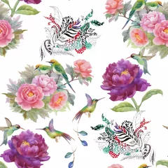 Fotobehang Watercolor hand drawn seamless pattern with beautiful flowers and colorful birds on white background. © kostanproff