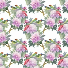 Behang Watercolor hand drawn seamless pattern with beautiful flowers and colorful birds on white background. © kostanproff
