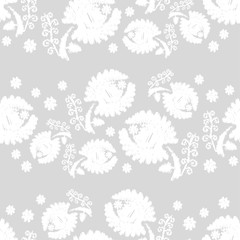 White flowers on a gray background. Embroidery texture. White Texture. Seamless vector background.