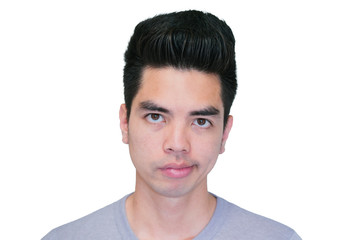 Close-up Handsome asia young man bored isolated on white background. Human Face.