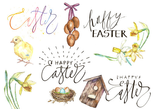 Set Hand drawn watercolor art eggs with Spring flowers. Isolated illustration on white background. Lettering - Happy Easter.