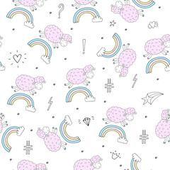 Cute seamless pattern with funny sheep. vector illustration